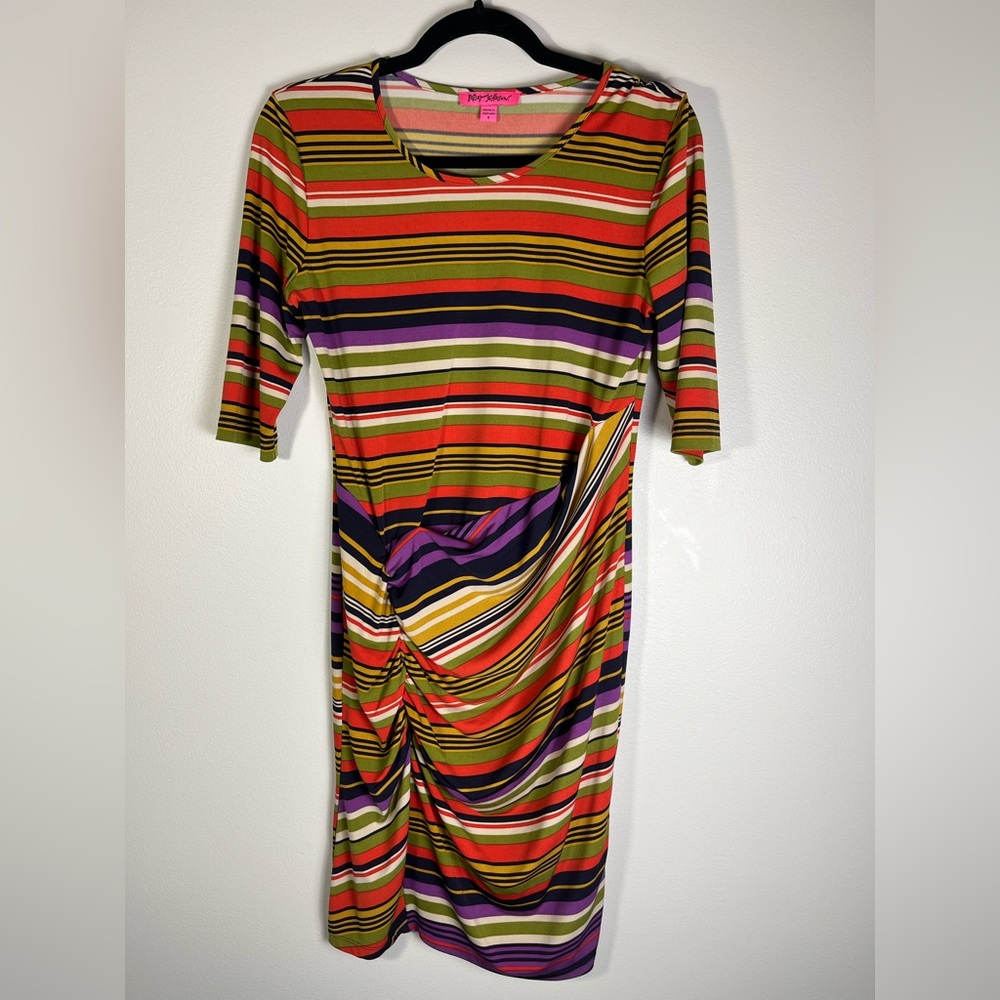 Betsey Johnson Faux Wrap Dress Size 8 Multicolor 90s Striped Ruched Stretch